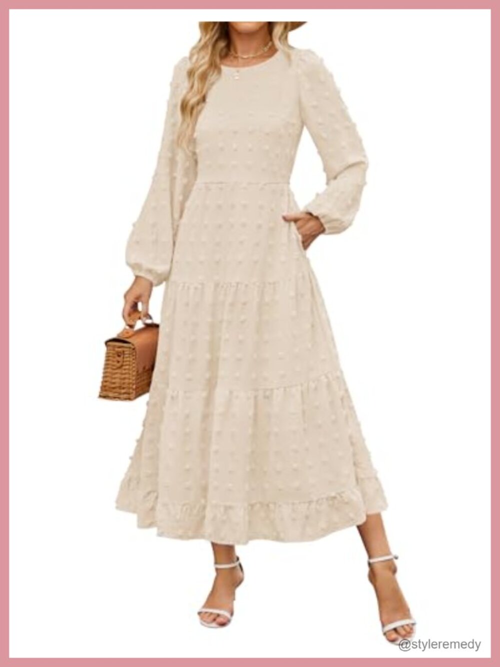 Women's Long Sleeve Swiss Dot Maxi Dress A-Line Wedding Guest